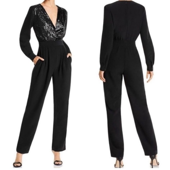 NWT Lini Stella Black Sequin Embellished Long-Sleeve V-Neck Crop Jumpsuit - Picture 1 of 10